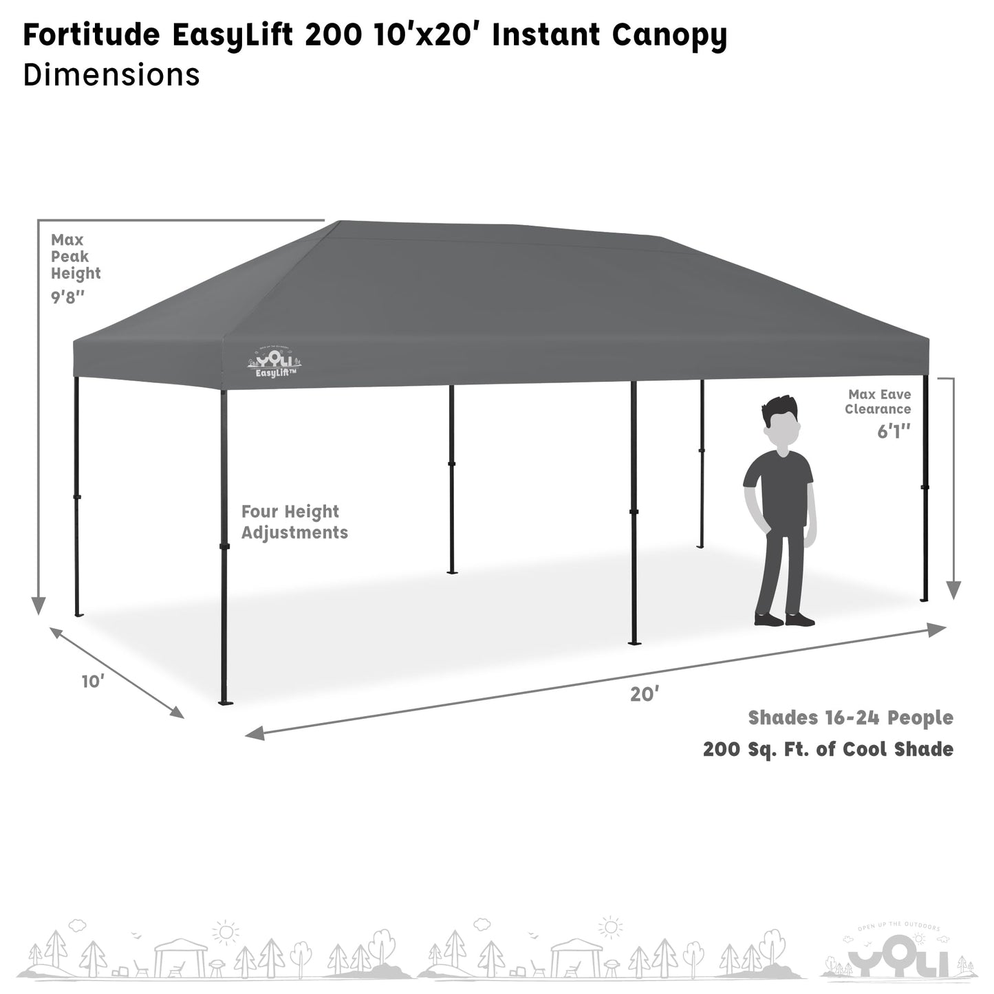 YOLI Fortitude EasyLift 200 Instant Pop-Up Canopy, 10x20 Heavy Duty Pavilion with EasyLift Tech & Heat Reflective Top – Gray