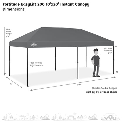YOLI Fortitude EasyLift 200 Instant Pop-Up Canopy, 10x20 Heavy Duty Pavilion with EasyLift Tech & Heat Reflective Top – Gray