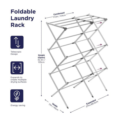 BLACK+DECKER 3 Tier Expandable Collapsing Foldable Laundry Rack for Air Drying Clothing, Space Saving Heavy Duty Lightweight Metal Drying Rack, Grey