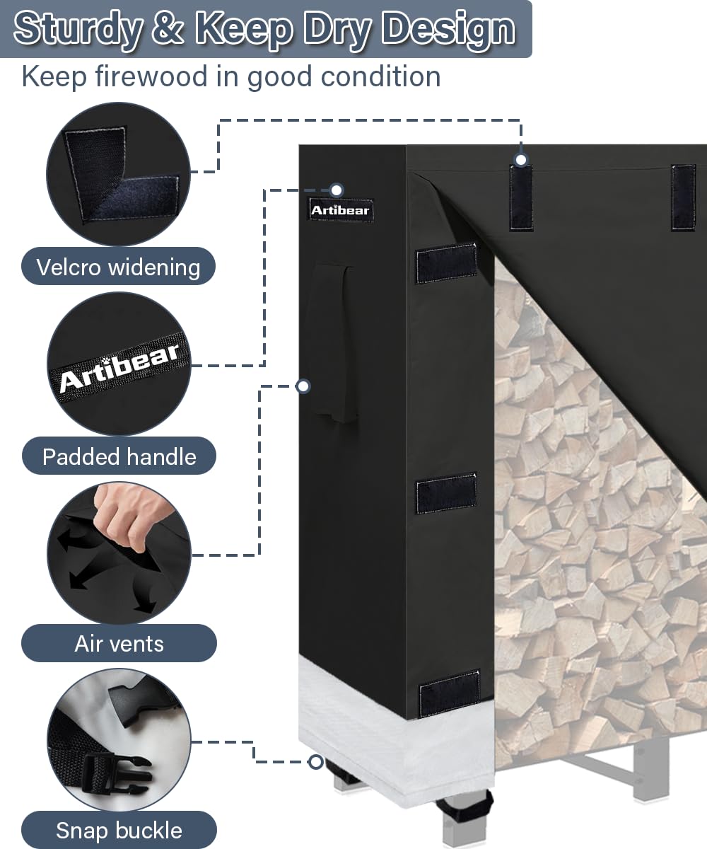 Artibear 8FT Firewood Rack Outdoor with Black Cover, bundle 28In Indoor Fireplace Log Holder with Carrier Bag