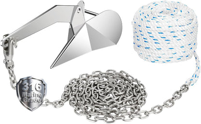 FUCNEN 316 Stainless Steel Delta Anchor 13 Lb, 1/2" Anchor Rope 150 ft, 1/4" HT G4 Marine Anchor Chain 15ft & Swivel Connector Boat Anchor Kit for Windlass System