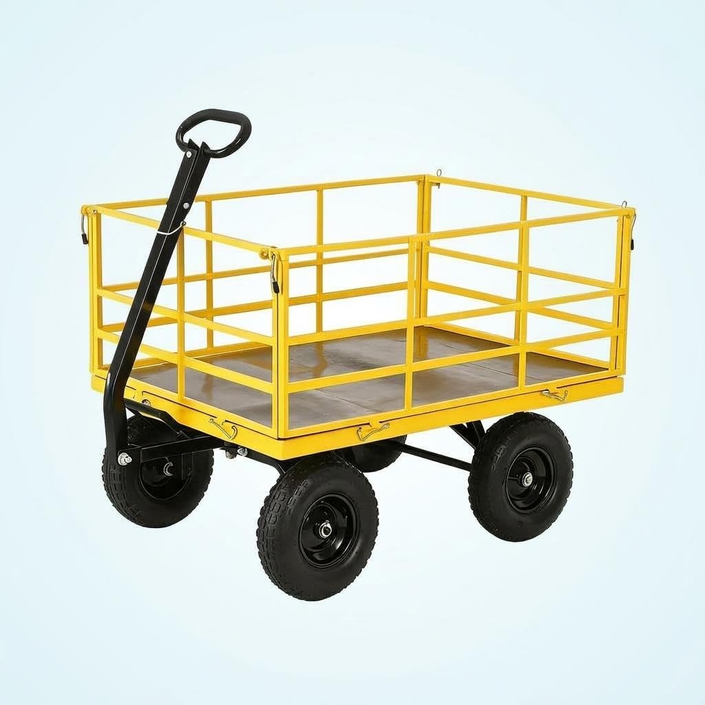 Heavy Duty 4-in-1 Steel Garden Dump Cart - 1500 lbs Capacity - 13 Inch All-Terrain Wheels - Removable Mesh Sides & Swivel Handle - Yellow Frame, Black Hubs & Handlebars