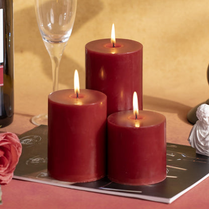 KONNI Dark Red Pillar Candles Set of 3, 3"x 6" Unscented Pillar Candles Bulk, 56 Hours Long Burning Candles, Smokeless&Dripless Large Round Candle for Wedding, Home Decoration, Parties, Spas, Dinner