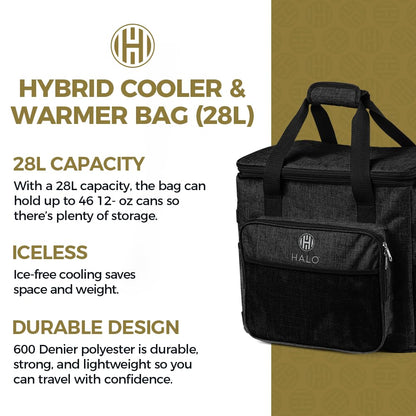 Halo 28L Hybrid Cooler & Warmer Bag | Electric Travel Cooler, Collapsible for Easy Storage, Keep Drinks Cold & Food Warm, Ice Free Cooling, Includes Shoulder Strap, DC Power Cord & AC Adapter — Black