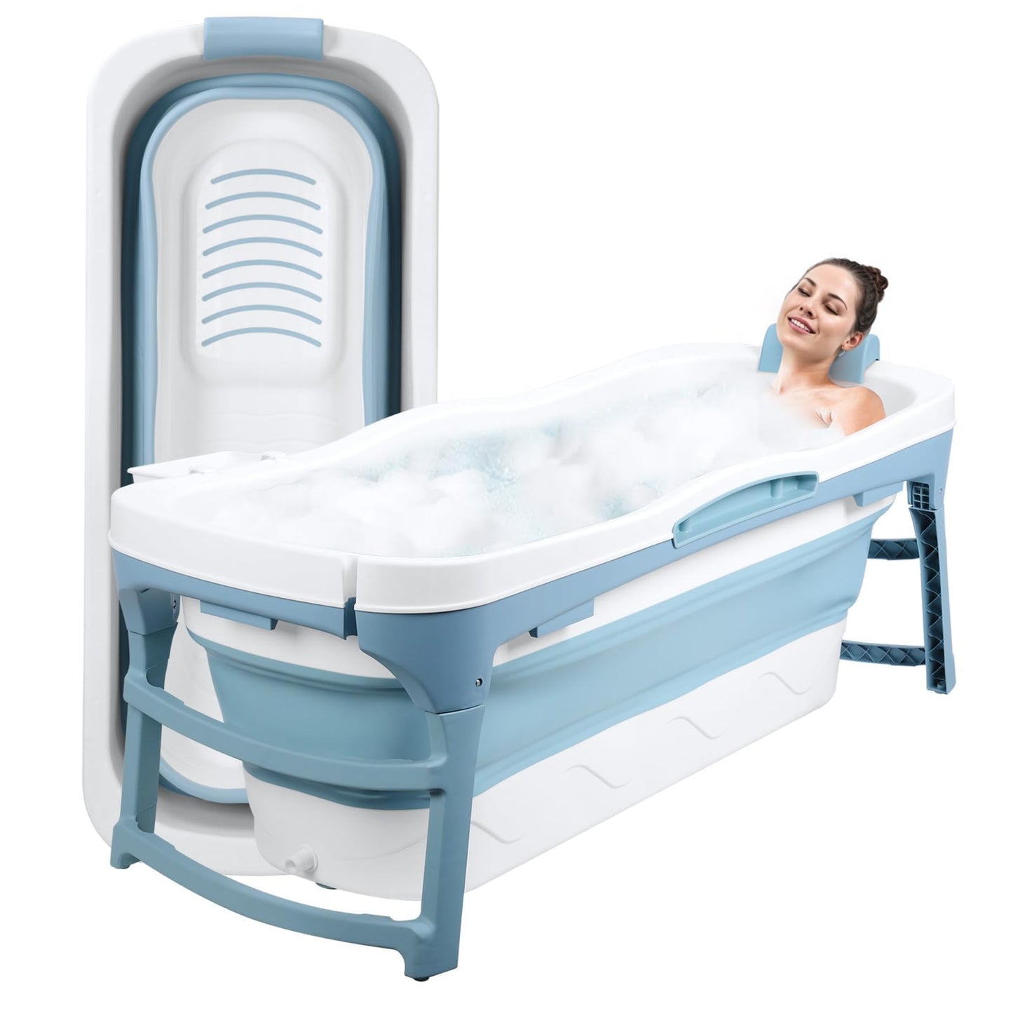 51" Large Foldable Portable Bathtub for Adults | Collapsible Bathtub with Dual Drains[Smooth Drain] | Folding Bath Tub for Shower Stall | Soaking Tub for Bathroom | Ice Hot Bath Tubs Blue