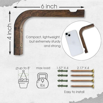 EvenWood 2-Piece Set of Plant Hooks for Wall 6 Inch - Mounted Wooden Plant Hook - Indoor and Outdoor Bracket Plant Hanger for Planters, Lanterns, Bird Feeders, Patio Decorations (Walnut)