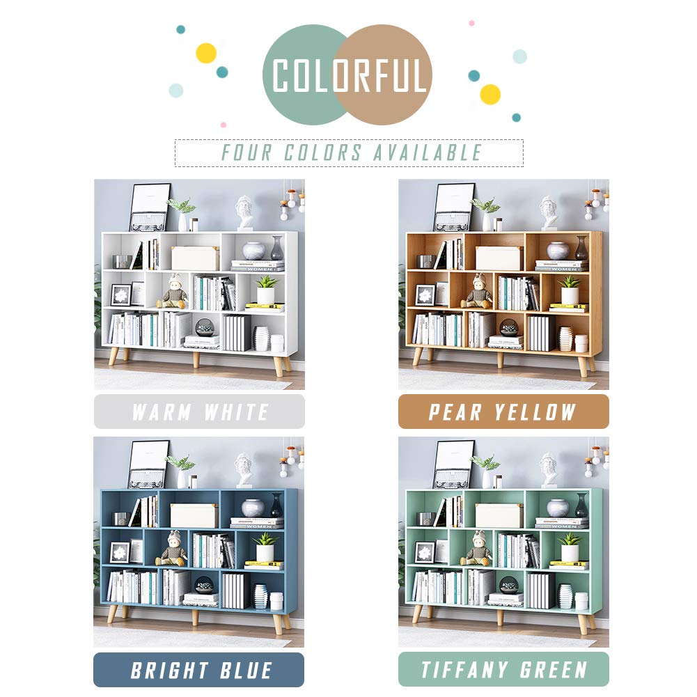 IOTXY Wooden Open Shelf Bookcase - 3-Tier Floor Standing Display Cabinet Rack with Legs, 10 Cubes Bookshelf, Pear Yellow