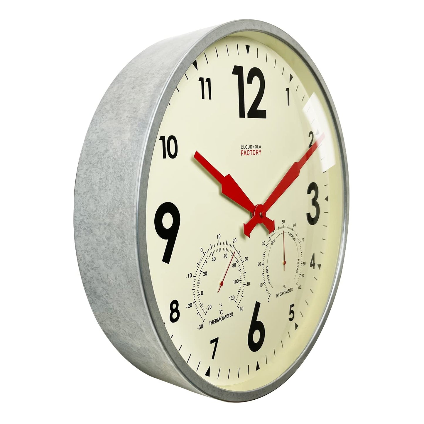 Cloudnola Indoor Outdoor Waterproof Metal Wall Clock with Thermometer and Hygrometer, Gray Zinc, 18 inch Silent Non-Ticking Battery Operated Quality Quartz Round Clock for Patio and Home Decor