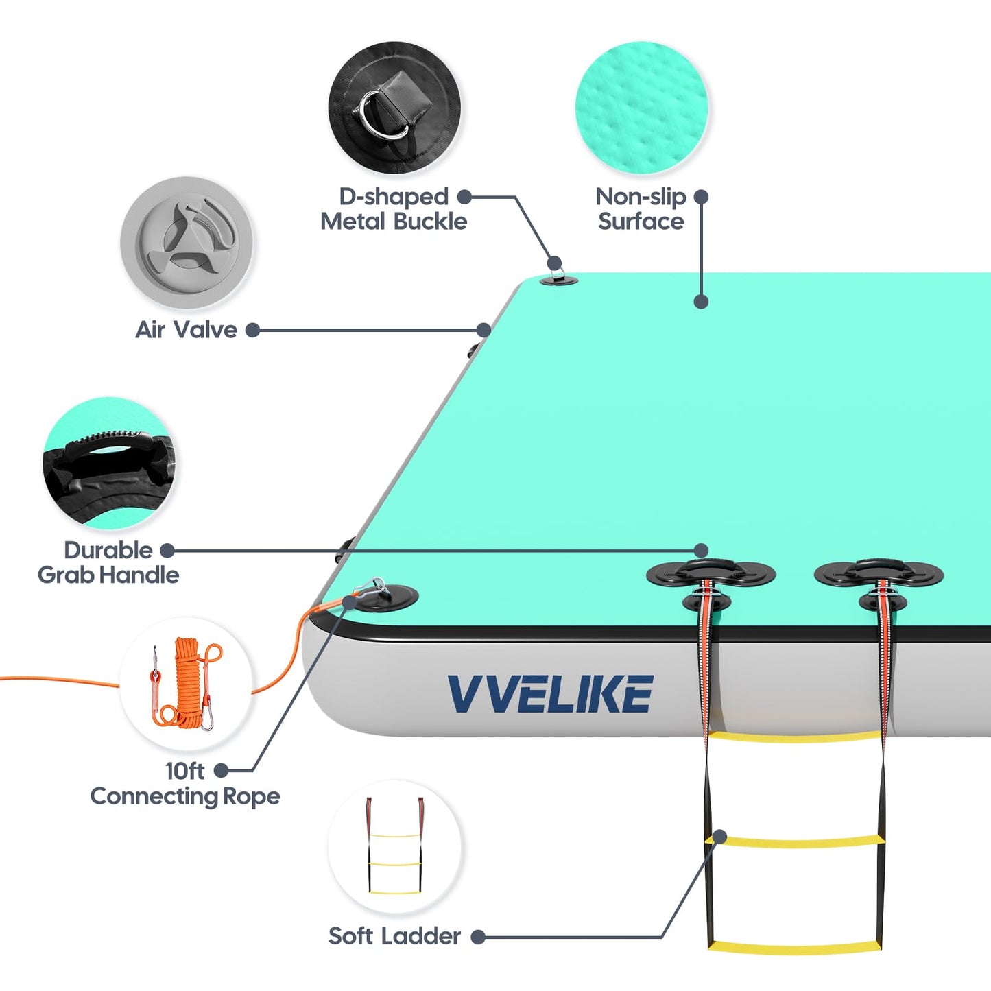 VVELIKE Inflatable Floating Dock, 5x6.6ft Floating Platform for Pool & Lake, Inflatable Dock for Yacht, Island Deck Raft with Non-Slip Surface, Boat Floating Mat for Outdoor