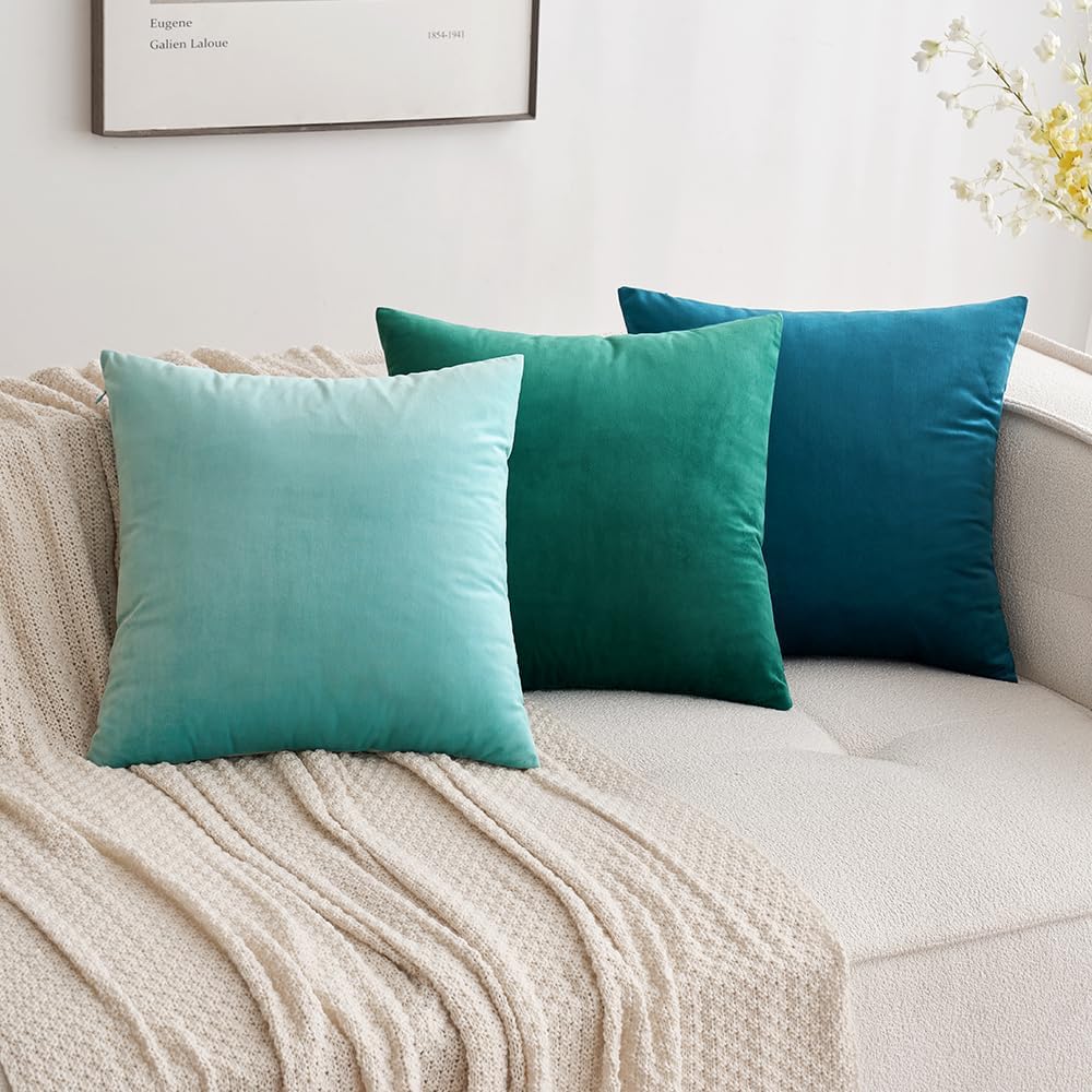 MIULEE Green Velvet Throw Pillow Covers - Soft Decorative Square Cushions | 12x12 Inch Set of 2