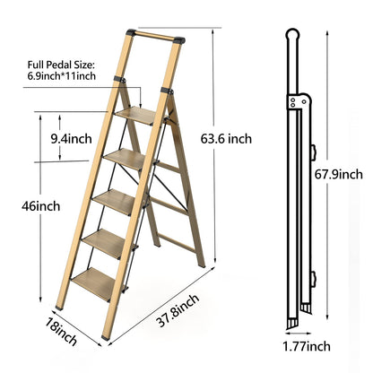 5 Step Ladder, Folding Step Stool, Lightweight Aluminum Foldable Ladder for 10 Foot High Ceiling with Anti-Slip Wide Sturdy Pedal and Handgrip, Multi-Use for Home (300 lbs Capacity) - Champagne Gold