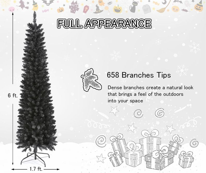 658 Tips Artificial Pencil Christmas Tree Halloween Tree, 6ft Pure Black Skinny Xmas Tree with Metal Stand Perfect for Christmas/Halloween/Easter/Parties/Holiday Indoor Outdoor Decoration
