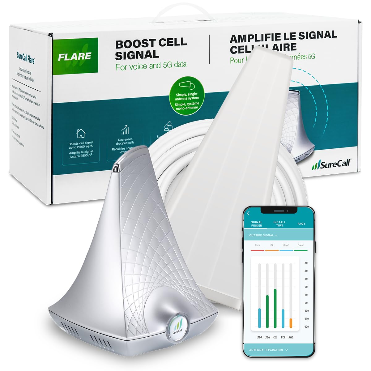 SureCall Flare 3.0 Cell Phone Signal Booster for Home & Office up to 3500 sq ft, Boosts 5G/4G LTE, Yagi Outdoor Antenna, Multi-User, Verizon AT&T Sprint T-Mobile, FCC Approved, USA Company