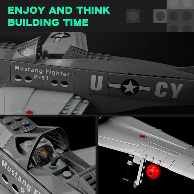 P-51 Mustang Fighter Airplane Military Building Set with Display Stand - 258 Piece Model Kit for Adults Collectors &amp Hobbyists