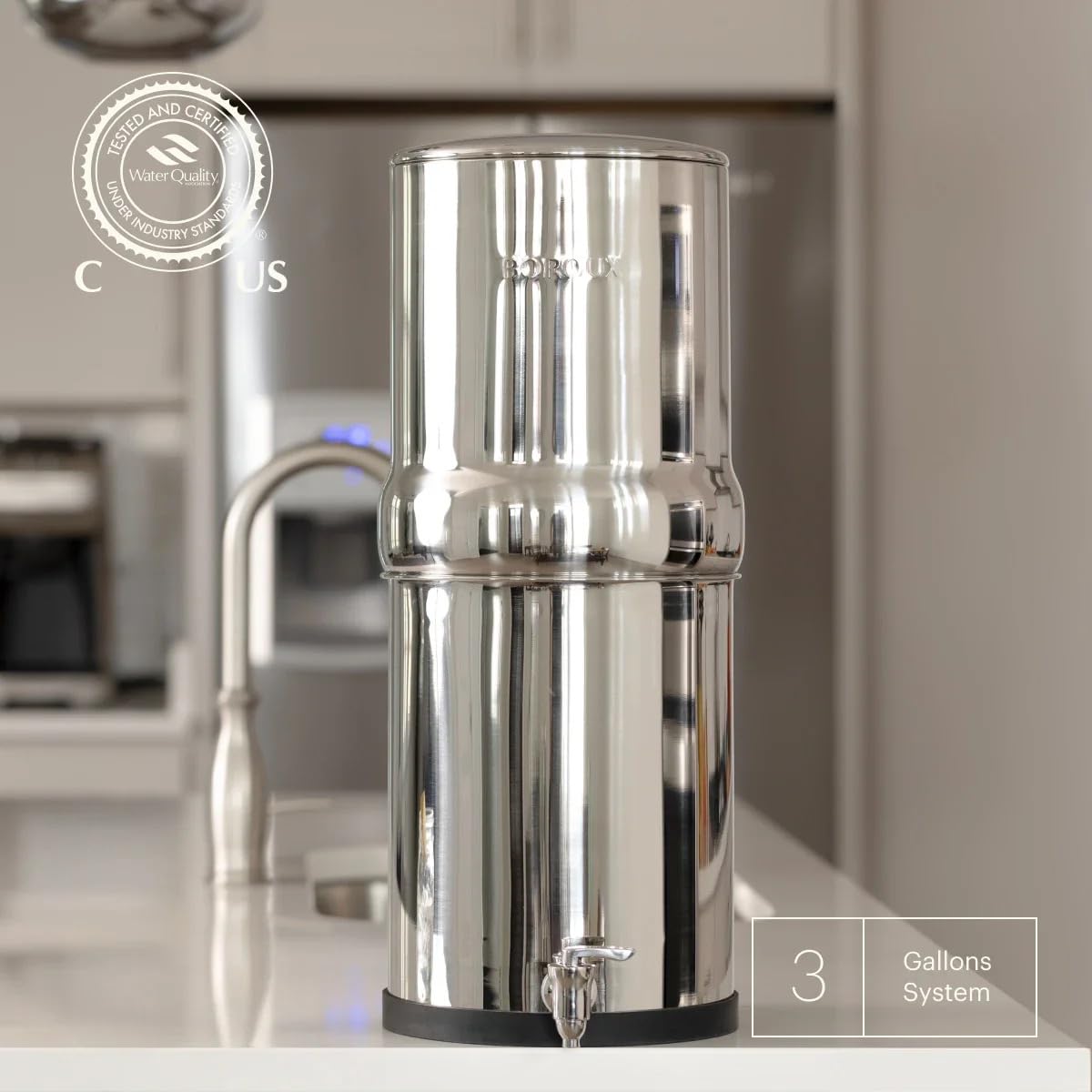 Boroux Legacy Gravity-Fed Countertop Stainless Steel Water Filter System | 3 Gallons with 2 Authentic Black Foundation. Filters