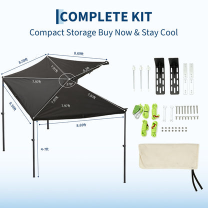 Garvee 270 Degree Driver Side Car Awning, 6.6ft Pull-Out Vehicle Awning with Blackout Coating, 280G Ripstop Waterproof Sun Shelter for SUV Truck Van Camping, Black