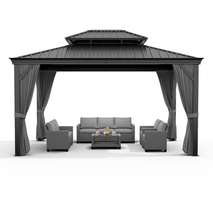 IDEALHOUSE Heavy Duty Aluminum Hardtop Gazebo with Double Roof, Mosquito Netting & Privacy Curtains, Weather-Resistant Outdoor Pavilion for Patio, Garden, Deck, or Backyard, Reinforced Frame, Black