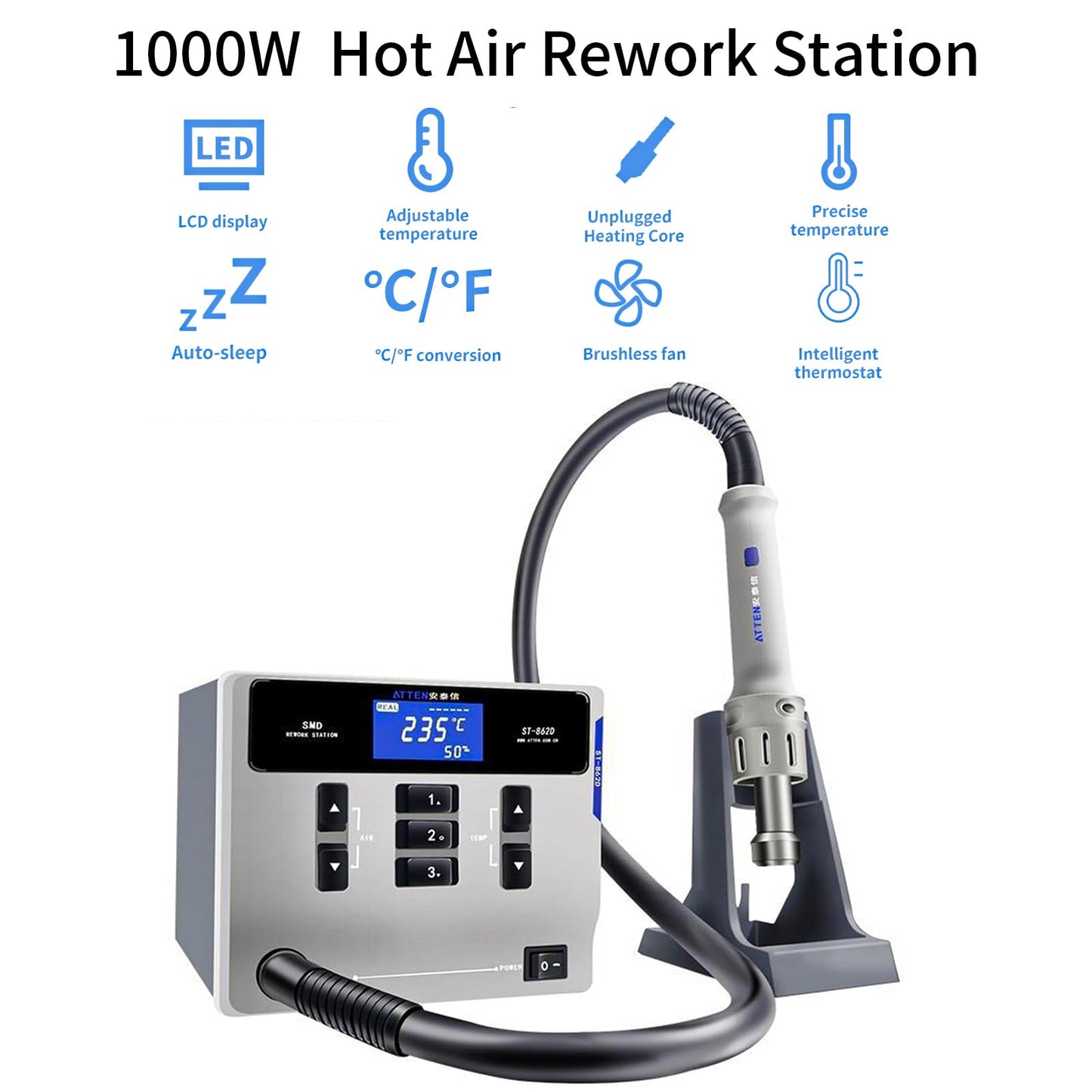 Hot Air Rework Station, ATTEN ST-862D 1000W Digital Display Automatic Sleep Hot Air Gun Soldering Station, Adjustable Temperature Desoldering Gun BGA Rework Station