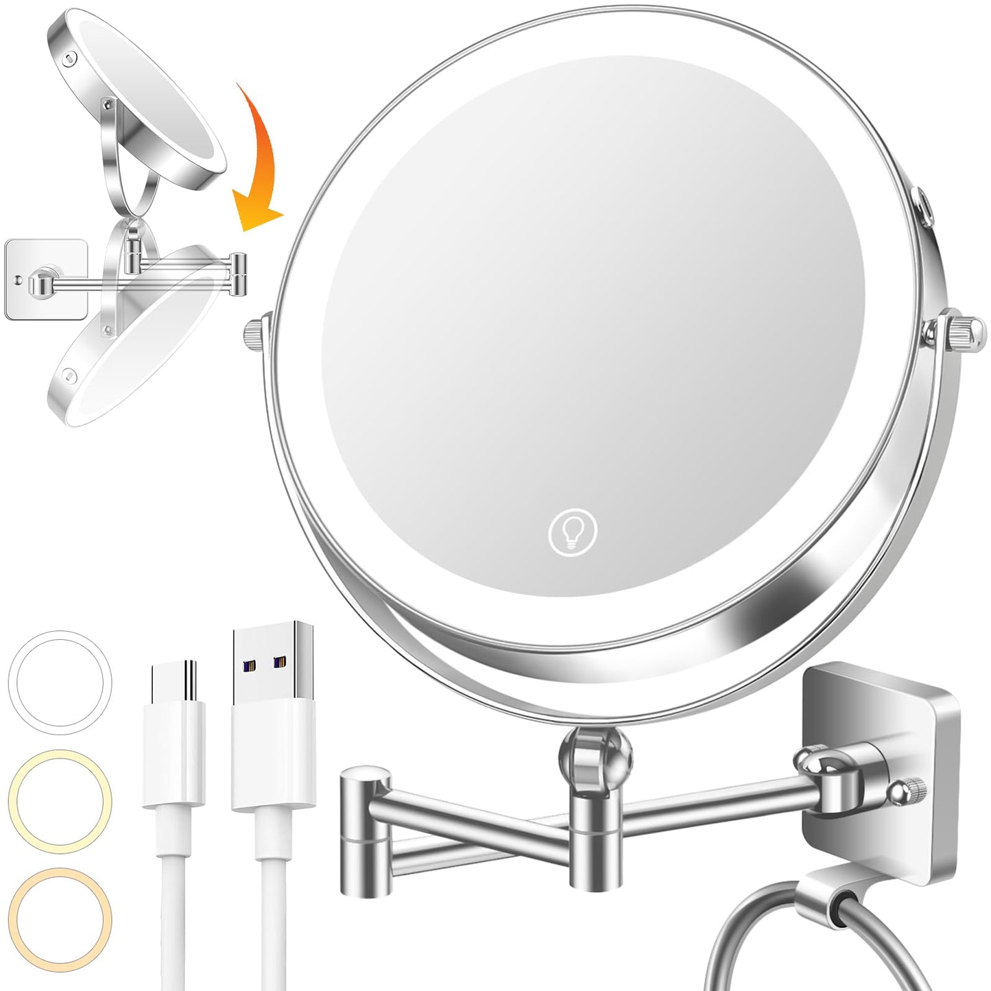 Lighted Makeup Mirror, Rechargeable Height Adjustable Double Sided, 1x/10x Magnifying with 3 Color, Brightness Adjustable, 360° Rotation Vanity, Gift for Women
