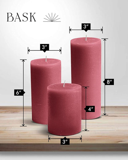 BASK Mottled Pillar Candles - Unscented Burgundy Candles Set of 3 - Dripless, Smokeless for All Occasions