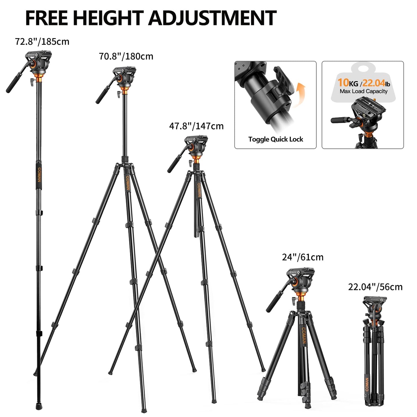COMAN 73" Camera Tripod with Fluid Head & Leveling Bowl, 22lb Payload, Portable Aluminium 2-in-1 Tripod Monopod, Quick Release Plate, for Canon Nikon Sony DJI DSLR Camera, Black (FF06S)