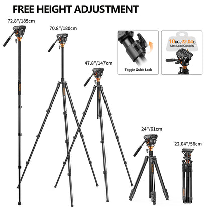 COMAN 73" Camera Tripod with Fluid Head & Leveling Bowl, 22lb Payload, Portable Aluminium 2-in-1 Tripod Monopod, Quick Release Plate, for Canon Nikon Sony DJI DSLR Camera, Black (FF06S)