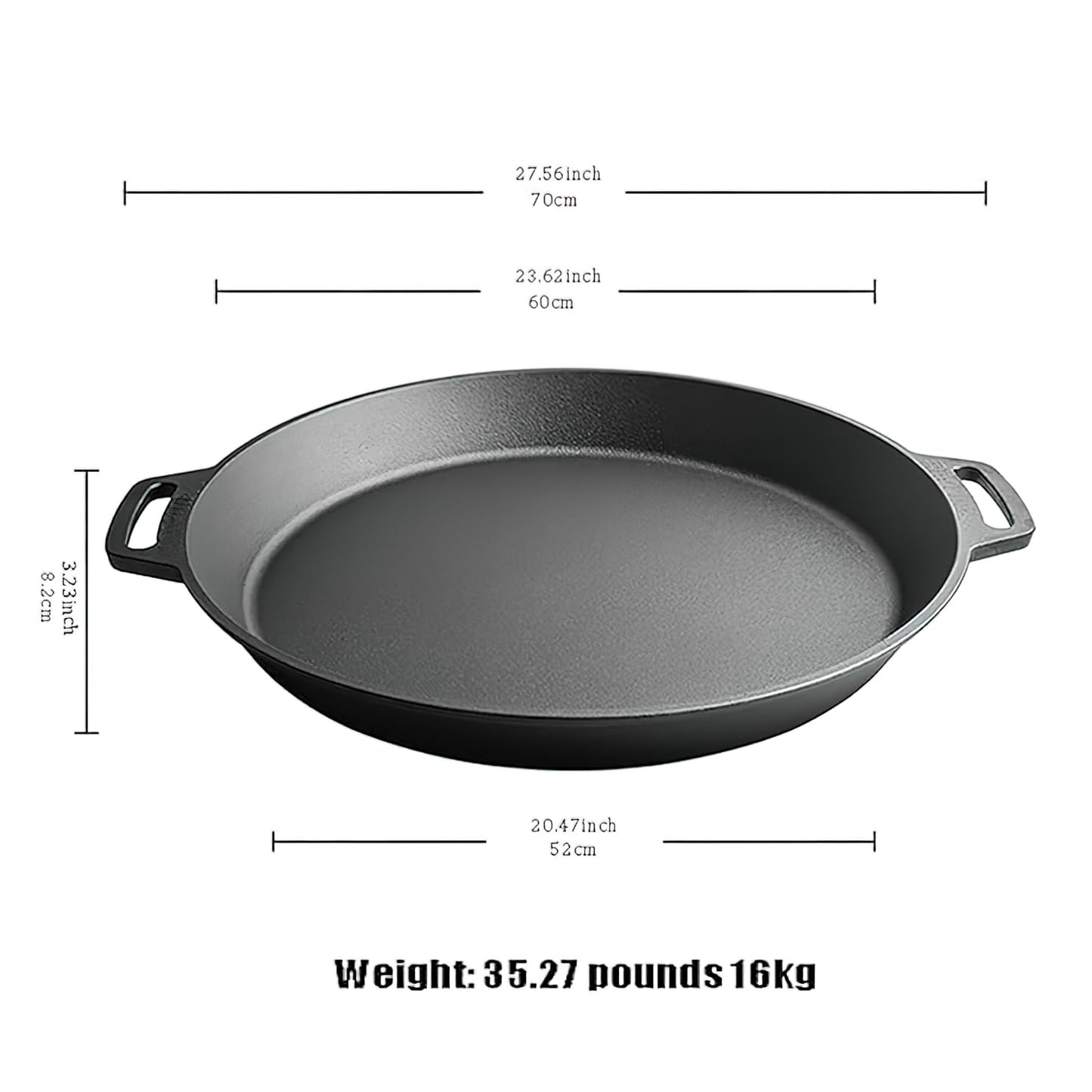 LI-GELISI 24-inch cast iron frying pan with dual auxiliary handles, nitrogen-treated for rust resistance, suitable for stoves/grills/campfires, heavy-duty outdoor cooking pan