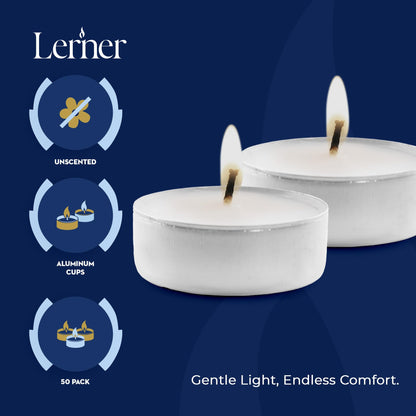 Lerner 100 Count White Tea Light Candles, 8 Hour Long-Burning, Non-Toxic, Smokeless & Soot-Free, Unscented
