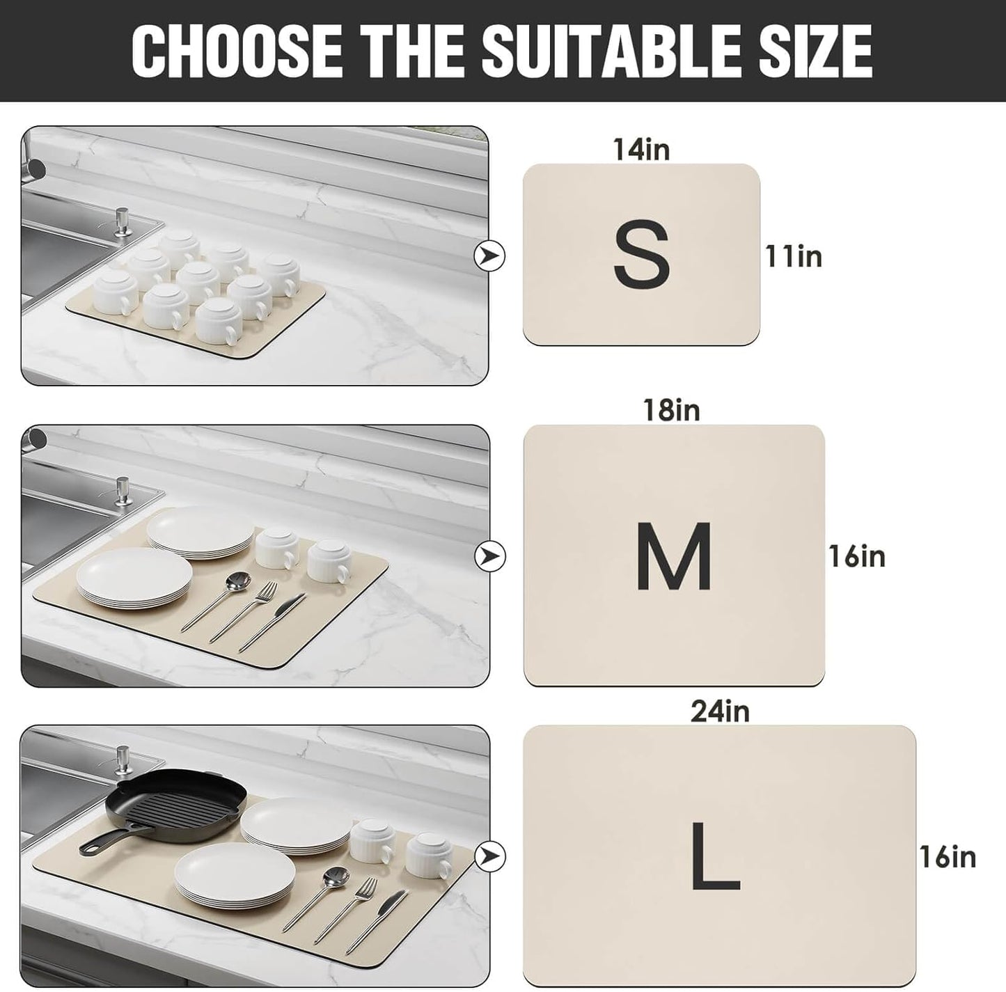 Skiennix Dish Drying Mat - Super Absorbent & Non-Slip Rubber Backing | Heat Resistant, Easy to Clean (Beige, S-14"x11")