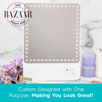 GLAMCOR Riki Skinny Smart Vanity Mirror with HD LEDs, Magnifying Mirror Attachment, Phone Holder and Bluetooth Control (White, 5X Magnification)