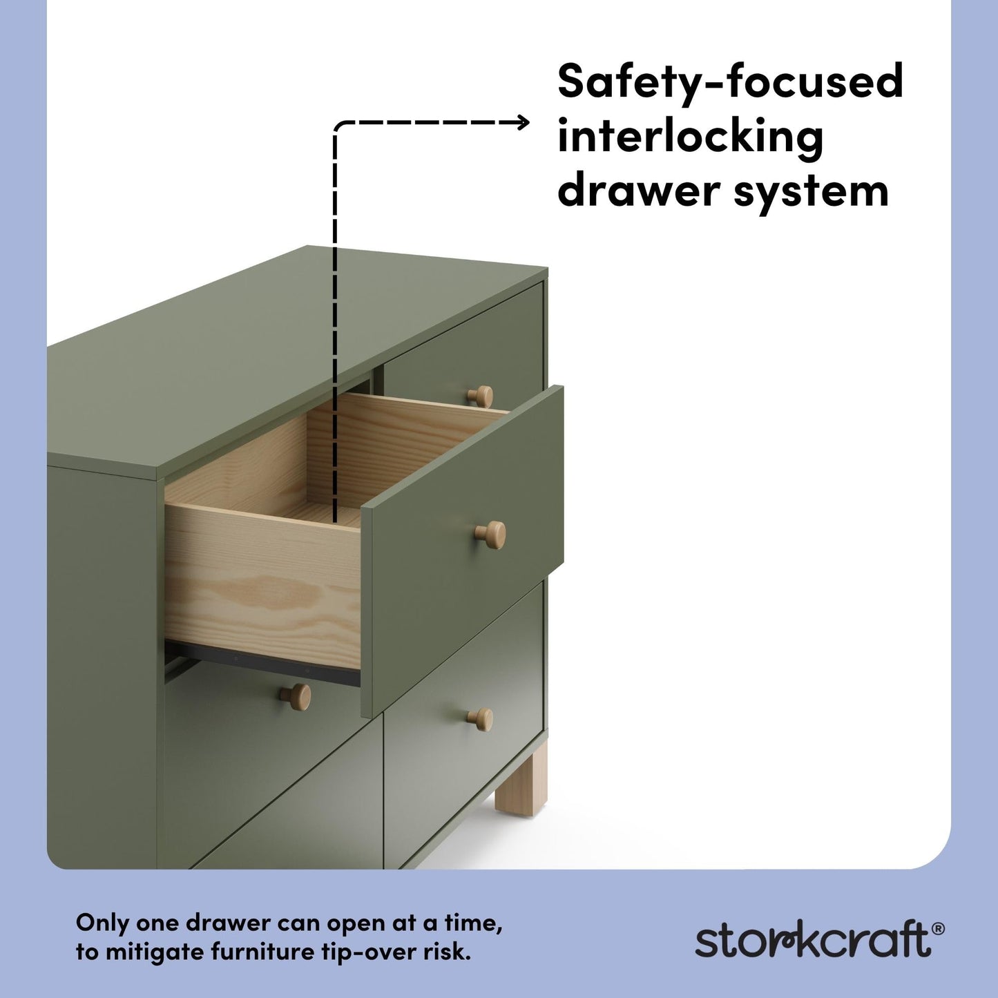 Storkcraft California 6-Drawer Double Dresser (Olive with Driftwood) - GREENGUARD Gold Certified, Interlocking Drawer System, Dresser Drawer Organizer for Kids Bedroom