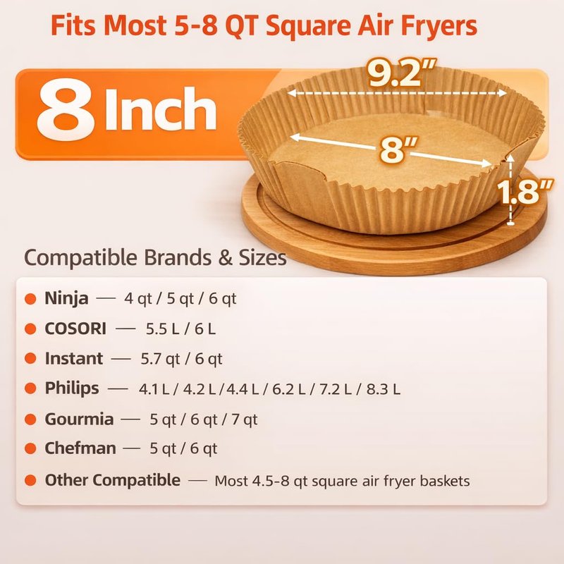 Air Fryer Liners Disposable, 8 Inch Square Parchment Paper for Air Fryer with Reusable Safety Ring, 200 Pcs Non-Stick Air Fryer Accessories