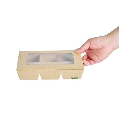 Restaurantware Take Out Box 200 Pack of 23 oz Paper 6-Compartment Food Container Grease-Resistant with Window Kraft Bento Box for Cookies, Sandwiches, Takeaway