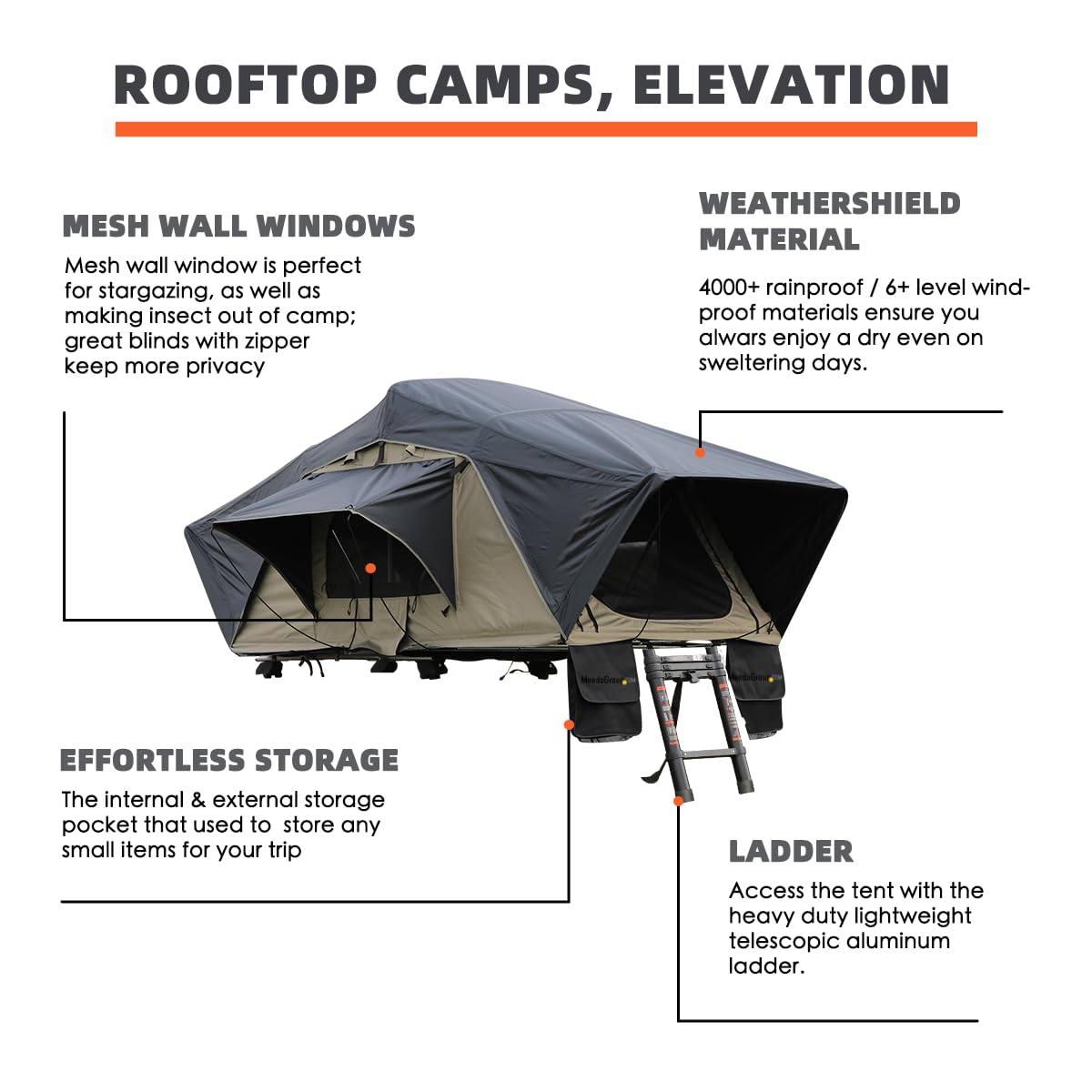 Meedo Apolle A86 M, Soft Shell Rooftop Tent, Fits 2 People, Made with Waterproof Material and a Rainfly-Fold Design, Clamshell Army Green Roof top Tent for Overlanding Hunting, Ladder Included