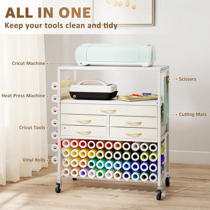 LUCKUP Organization and Storage Craft Table for Cricut Machines, Rolling Cart Cabinet with Extend Tabletop, 51 Vinyl Roll Holders, 5 Drawers & Heat Press Workstation