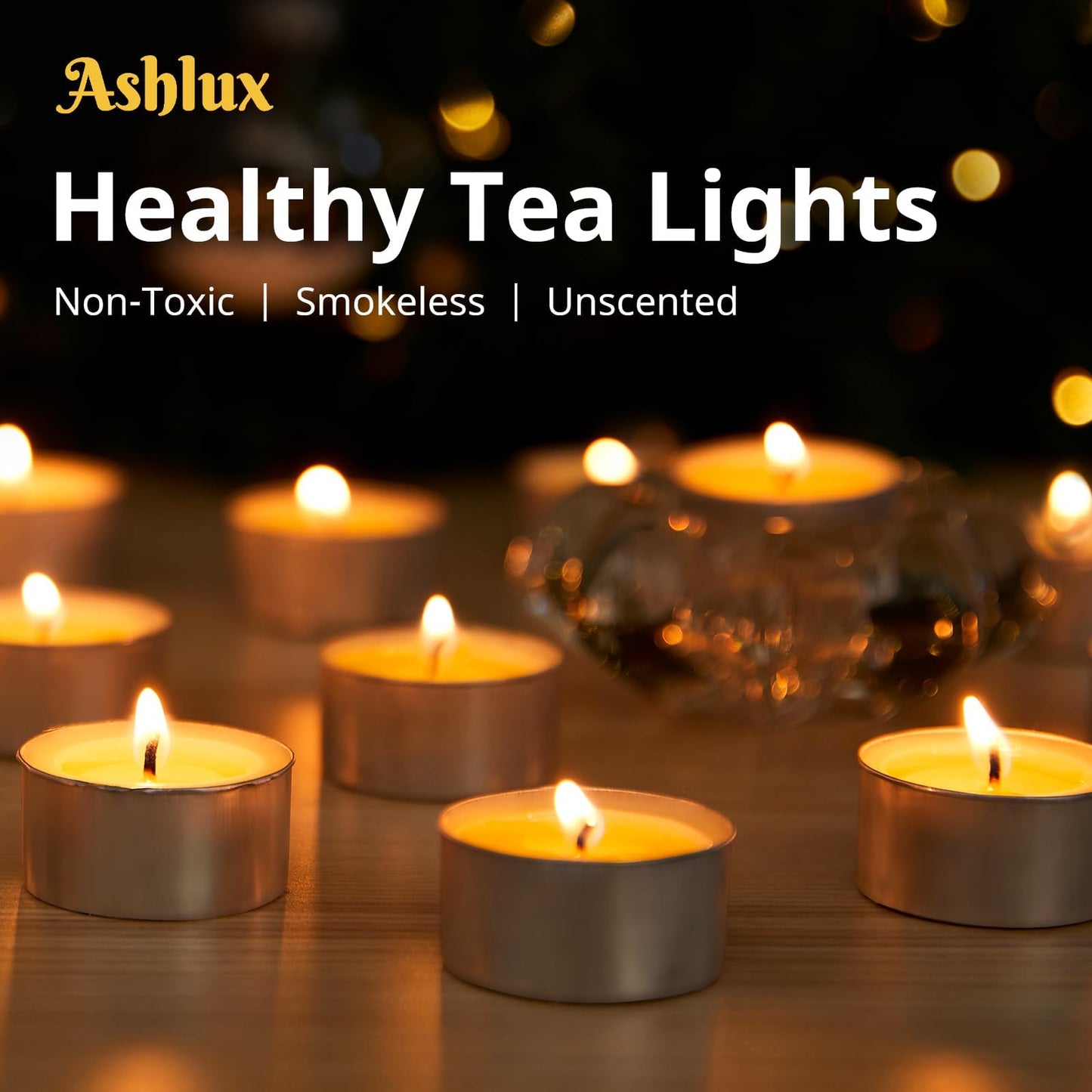 Ashlux Unscented Palm Tea Lights Candles 100 Pack Bulk, 4.5 Hours Long Burning White Tea Lights,Non-Paraffin, Smokeless, Mini Tealight Votive Candles for Wedding, Christmas Lights, Party, Christmas