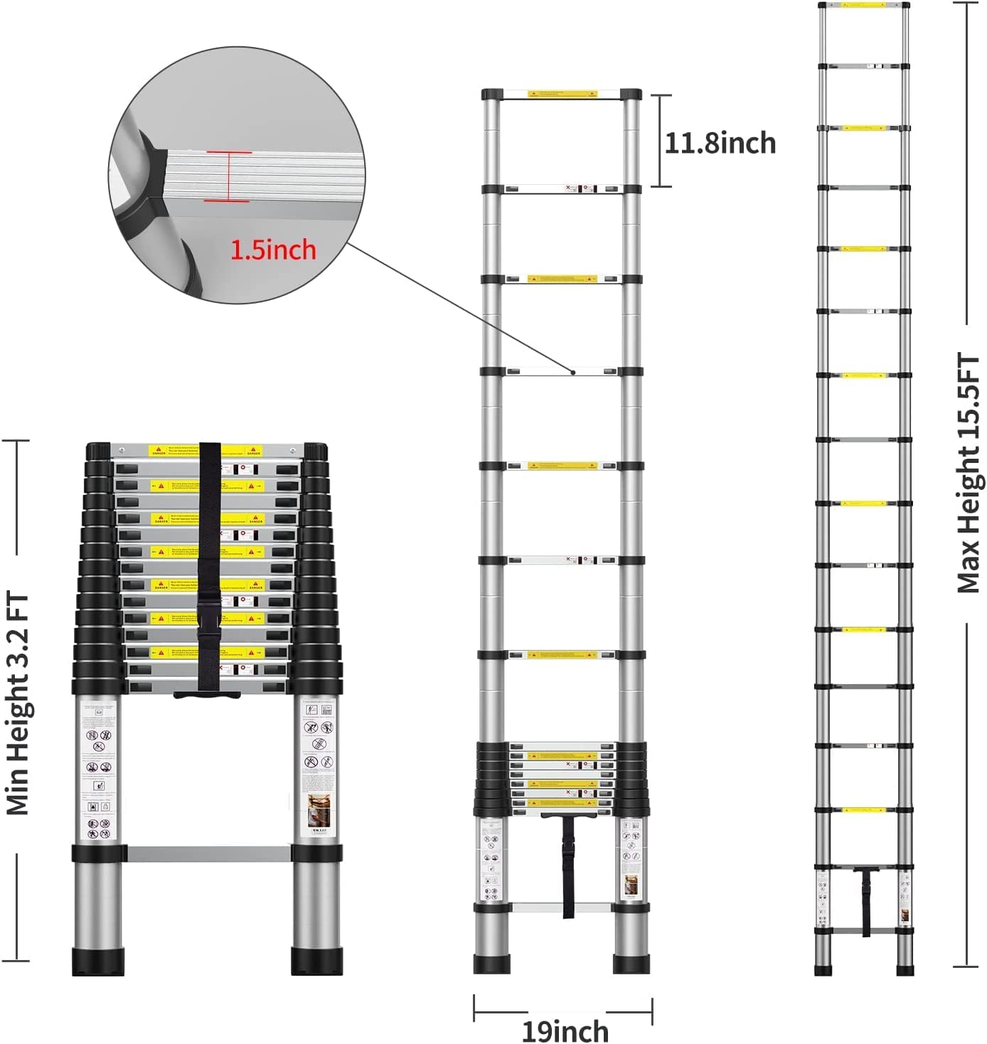 BOWEITI 15.5FT Telescoping Ladder, Aluminum Collapsible Ladders w/Non-Slip Feet, for RV, Household, Outdoor, 330lbs Capacity (4.7m)