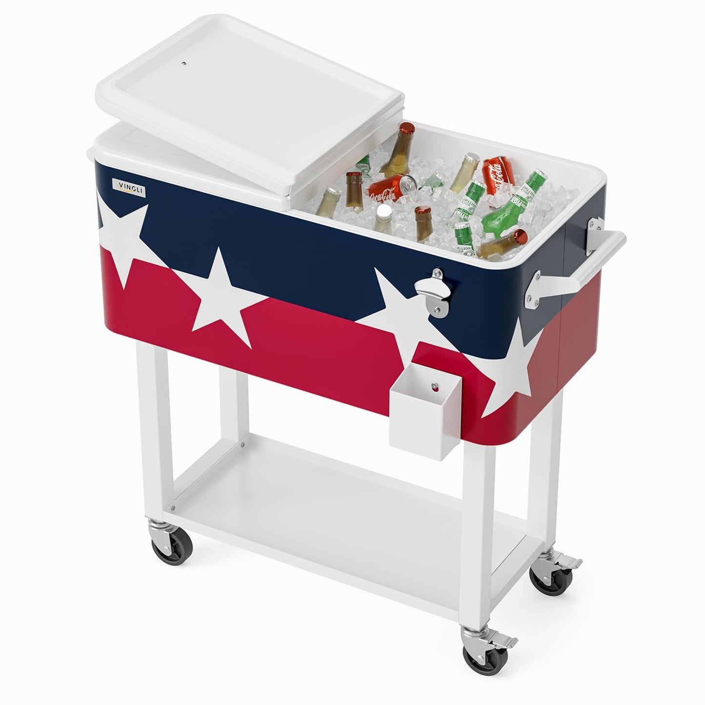 VINGLI 80 Quart Rolling Ice Chest, Portable Patio Party Bar Drink Cooler Cart, with Shelf, Beverage Pool with Bottle Opener (Red， White & Blue)