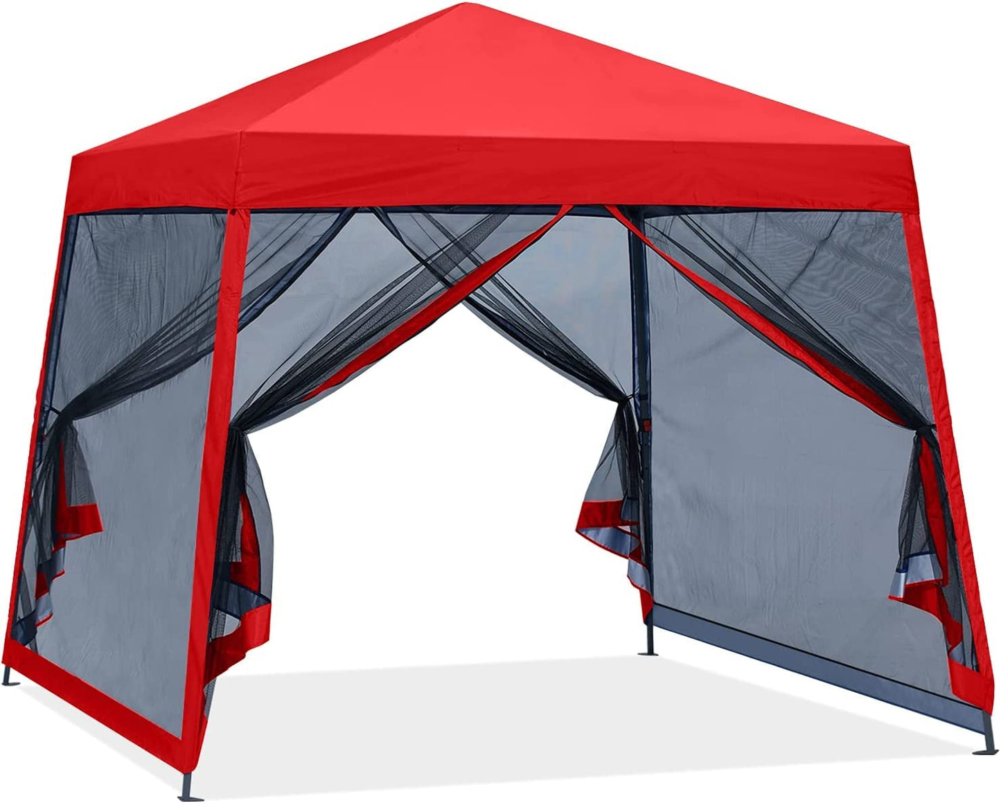 COOS BAY 10x10 Pop Up Canopy Tent with Screen Netting, Slant Leg Canopy with UPF 50+ UV Protection, 64 Sq Ft Shade, One Person Setup with Carry Bag, Red