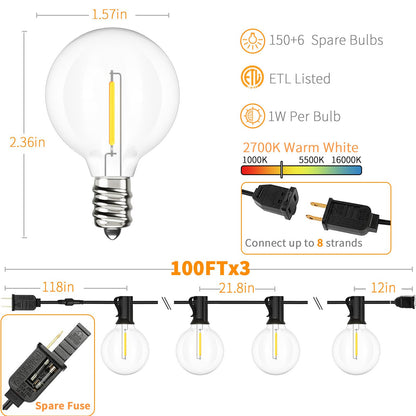 Svater Outdoor String Lights 300 FT, Patio Lights Outside with 156 G40 Shatterproof LED Bulbs, Waterproof Hanging Globe Lighting for Bistro Backyard Cafe Market, Warm White 2700K（3 x 100 FT）