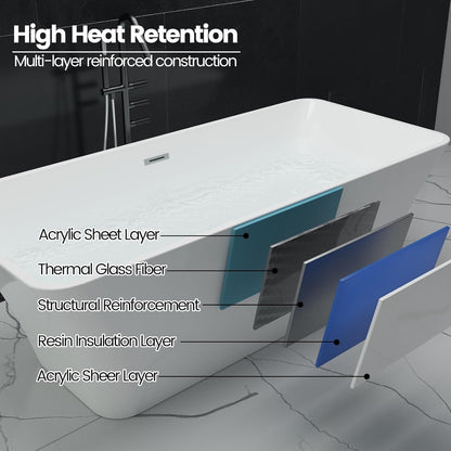 59" Freestanding Bathtub, Modern Soaking Bathtub, Freestanding Rectangular Tub with Non-Slip Base and Easy Drain, Deep Design for Adults, Ideal for Bathroom Relaxation, Chrome Drain, White