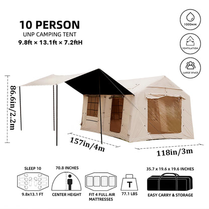 SENLEETO Large Inflatable Tent for Camping 10-12 Person, 10 * 13ft Inflatable Hot Tent with Stove Jack, Blow up Tents with Canopy,Easy Setup Inflatable Camping Tent,4 Season Glamping Tents
