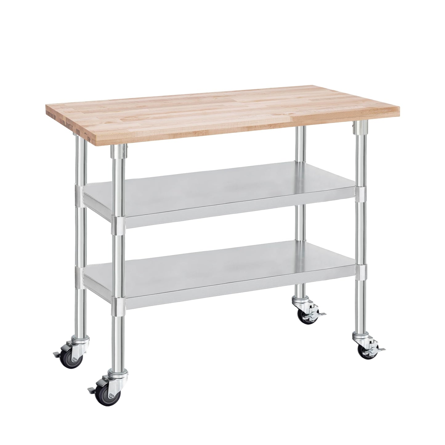 DuraSteel Butcher Block Counter Top - 24 x 48 x 34" Height with 4 Caster Wheels (2 Adjustable) - Kitchen, Side, Coffee, or Dining Table - Optional Base Leg Units, Natural Maple Slab Work Bench Top