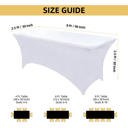 ZarzaaSik 10-Pack 8ft White Spandex Table Covers for Rectangle Folding Tables - Washable Elastic Tablecloth - Ultimate Fitted Table Protector for Parties, Trade Shows, Banquet, and Wedding