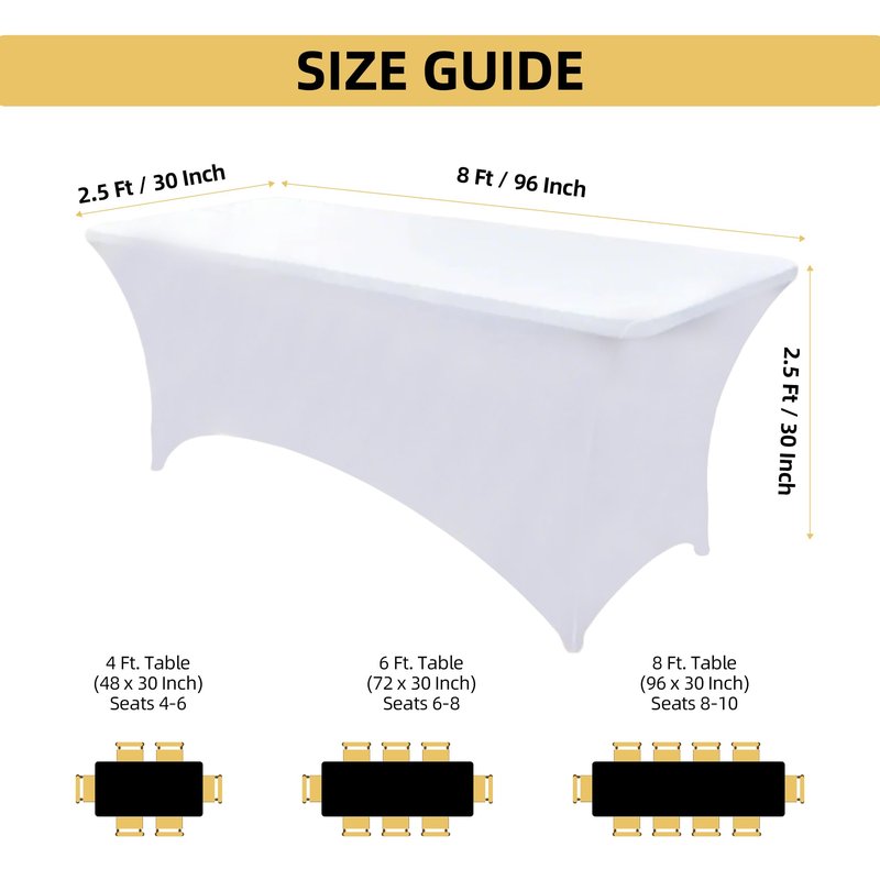 ZarzaaSik 6-Pack 8ft White Spandex Table Covers for Rectangle Folding Tables - Washable Elastic Tablecloth - Ultimate Fitted Table Protector for Birthday Parties, Trade Shows, Banquet
