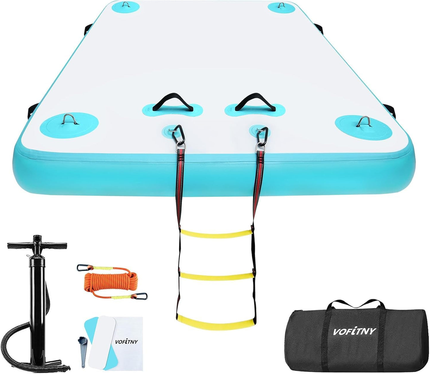 VOFiTNY Inflatable Floating Dock Air Platform Multi-Person Swim Water Mat with Rope Ladder, None-Slip Surface for Lake Beach (12ft x 6ft x 6in, Cyan)