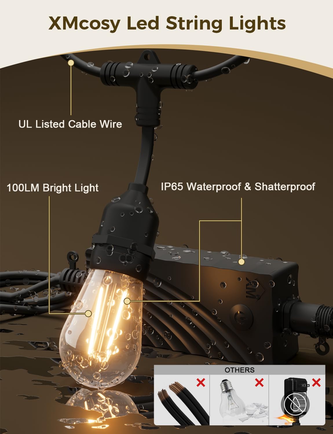 XMCOSY+ Smart LED String Lights for Outside 144Ft with 45 Dimmable Edison Bulbs Waterproof Shatterproof