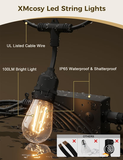 XMCOSY+ Smart LED String Lights for Outside 144Ft with 45 Dimmable Edison Bulbs Waterproof Shatterproof
