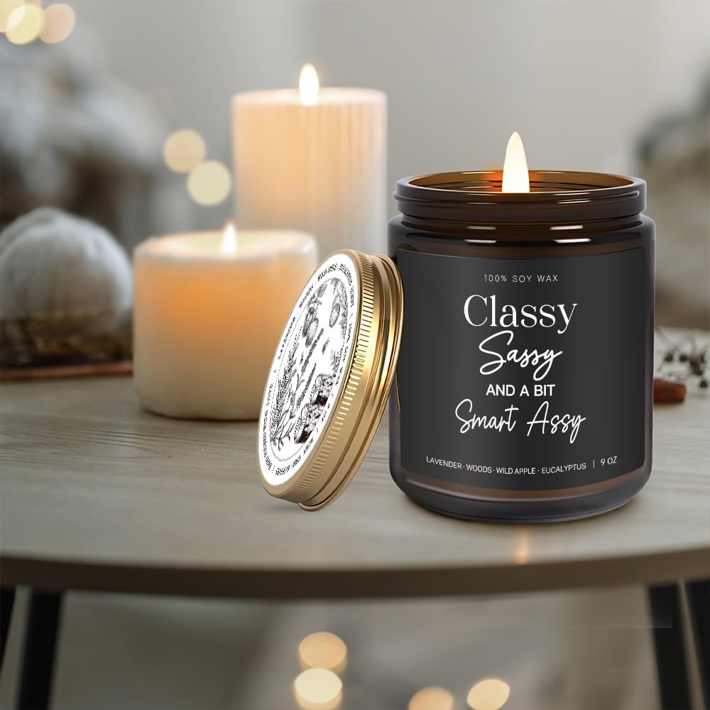 Classy Sassy and a Bit Smart Candle Funny Gifts for Women, Best Friend Birthday Gifts for Women, Anniversary, Friendship, Motivation, Lavender Wood Wild Apple Eucalyptus Scent Candle 9OZ