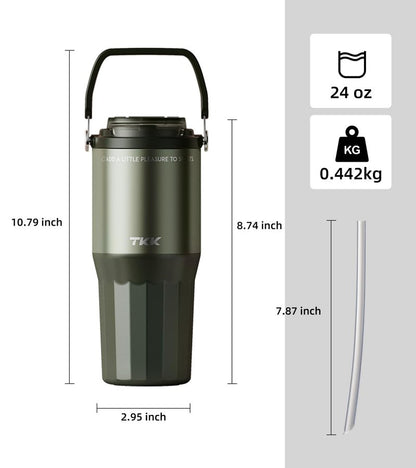 TKK 24 oz Ceramic Coated Tumbler with Straw Lid, 18/10 Stainless Steel Vacuum Tumblers, Leakproof Double Walled Car Cup with Handle & Tea Infuser& Dishwasher Safe, for Hot & Cold Drinks,Alpine Green